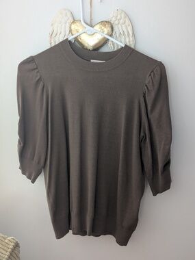 Esqualo Short Puff Sleeve Dark Green Fine Knit - three quarter sleeves